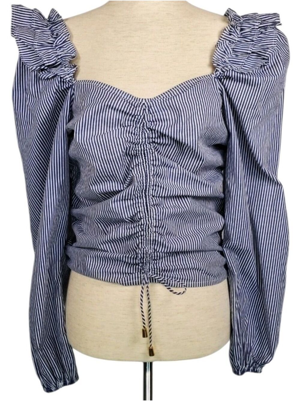 Bishop & Young Women Top Size Small Textured Poplin Blouse Blue White Stripe